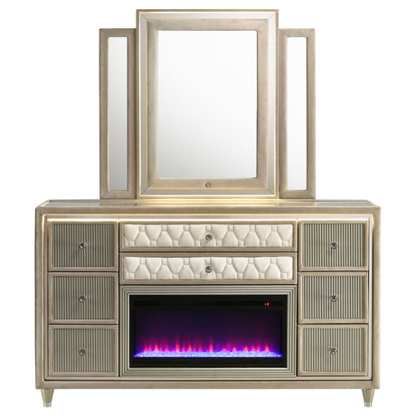Lorient Ivory/Camel 8-drawer LED Flame Box Dresser and Mirror by Coaster at Eve Furniture