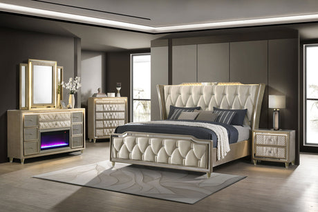 Lorient Ivory/Camel Eastern King LED Upholstered Bed by Coaster at Eve Furniture