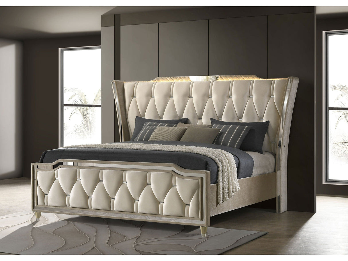 Lorient Ivory/Camel Eastern King LED Upholstered Bed by Coaster at Eve Furniture
