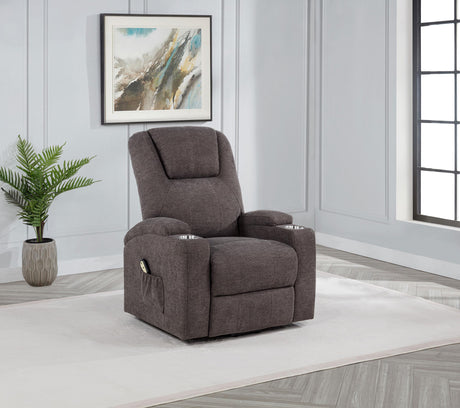 Louie Brown Chenille Upholstered Power Lift Massage Chair by Coaster at Eve Furniture