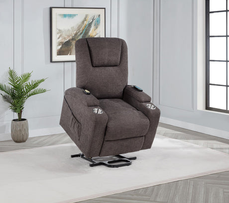 Louie Brown Chenille Upholstered Power Lift Massage Chair by Coaster at Eve Furniture