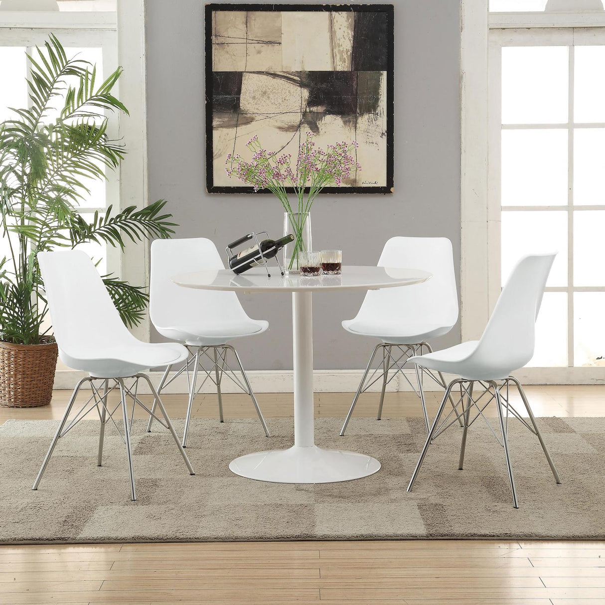 Lowry White 5-Piece Round Dining Set with Tulip Table and Eiffel Chairs