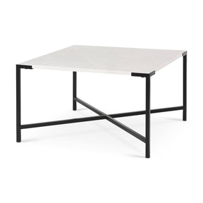 Lucas 30x30 White Marble Top Black Metal Base Coffee Table by Mercana at Eve Furniture