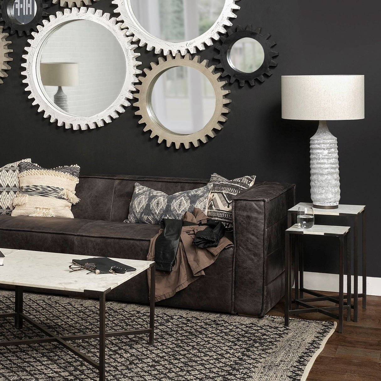 Lucas III (Set of 2) 15L x 15W; 12L x 12W White Marble W/Black Iron Frame Accent Tables by Mercana at Eve Furniture