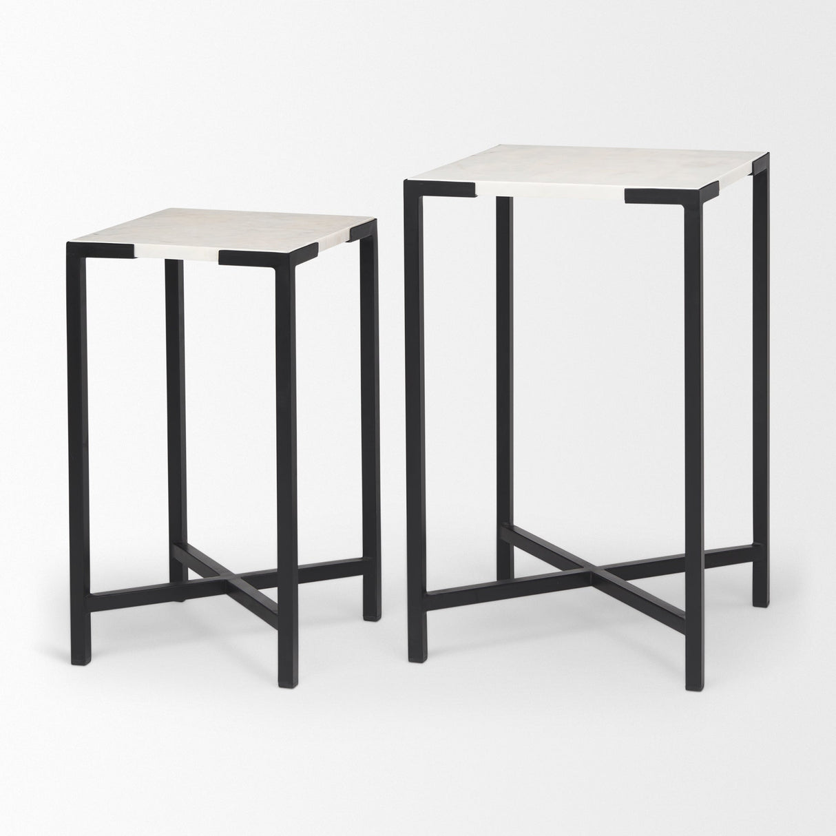 Lucas III (Set of 2) 15L x 15W; 12L x 12W White Marble W/Black Iron Frame Accent Tables by Mercana at Eve Furniture