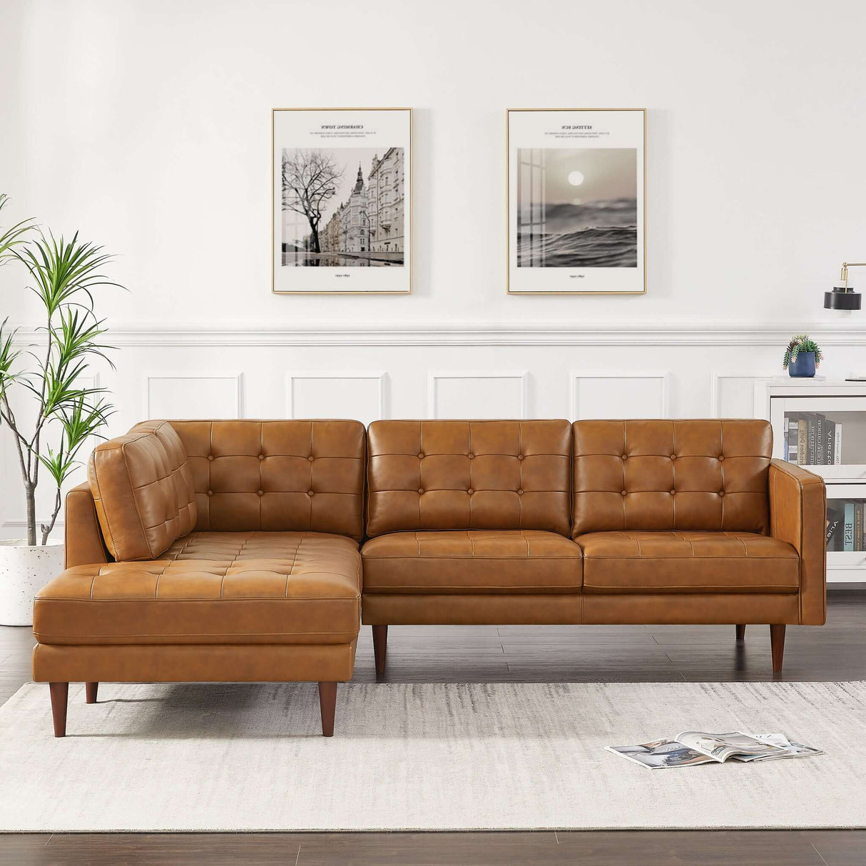 Lucco Mid-Century Modern L-Shaped Genuine Leather Sectional in Cognac Tan Left Sectional