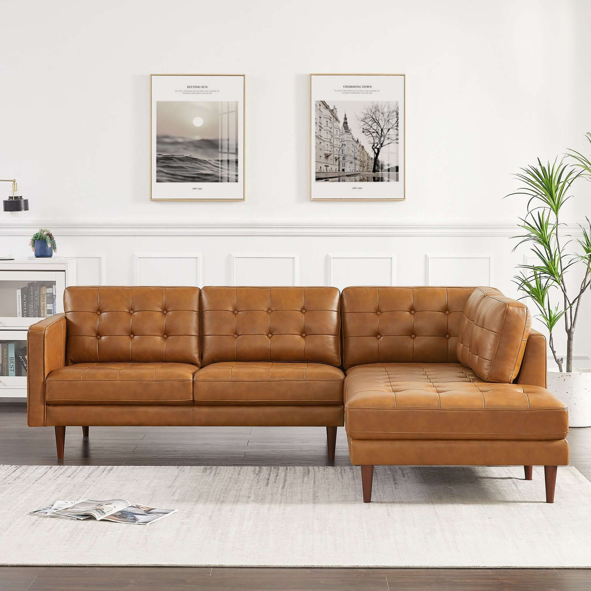 Lucco Mid-Century Modern L-Shaped Genuine Leather Sectional in Cognac Tan Right Sectional