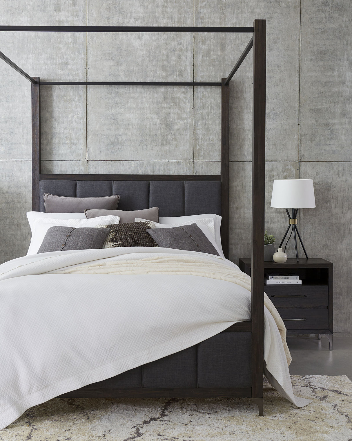Lucerne Upholstered California King Canopy Bed in Vintage Coffee by Modus Furniture at Eve Furniture