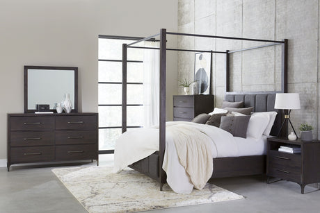 Lucerne Upholstered California King Canopy Bed in Vintage Coffee by Modus Furniture at Eve Furniture