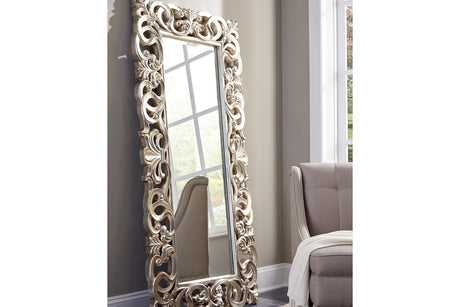 Lucia Antique Silver Finish Floor Mirror by Ashley at Eve Furniture