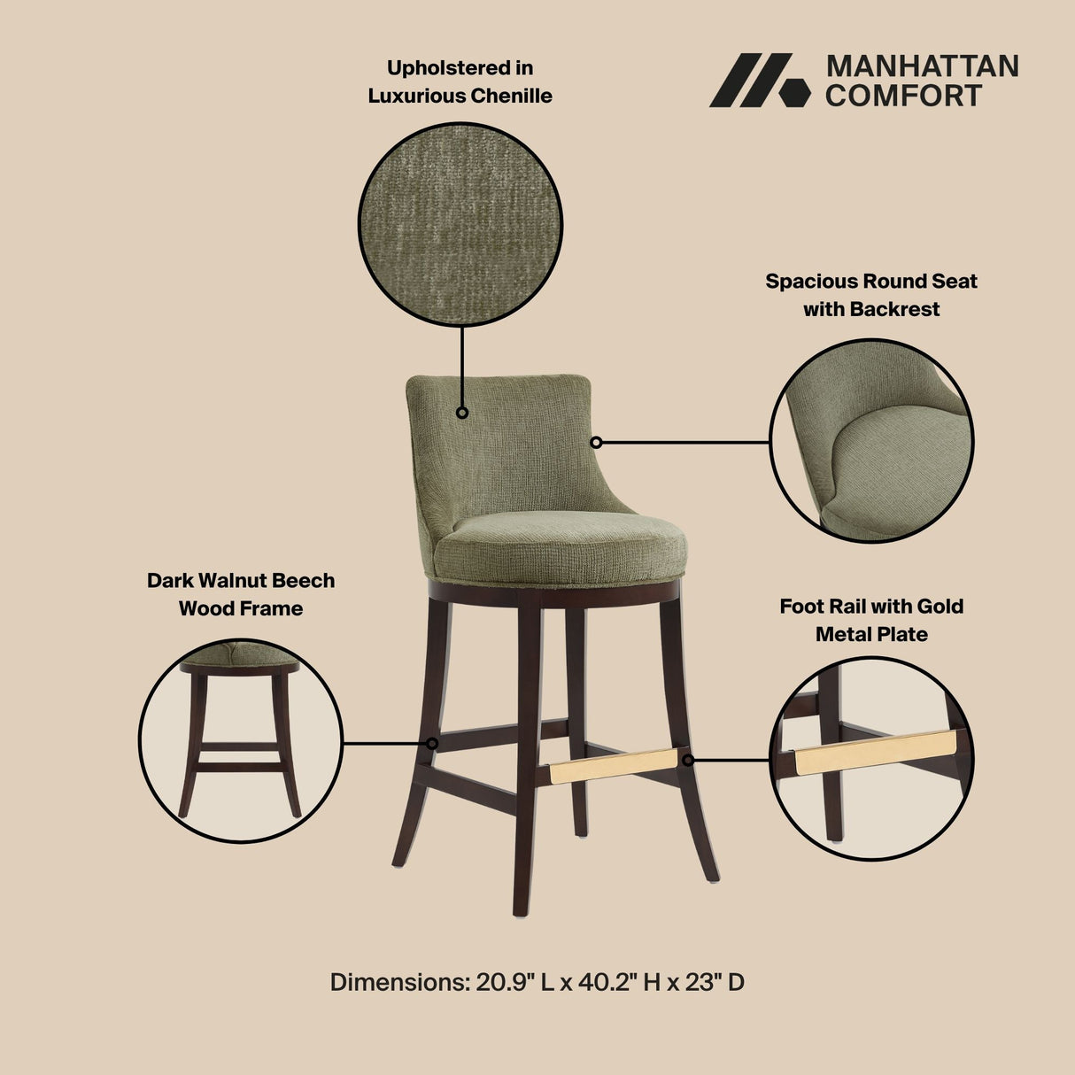 Lucia Barstool in Leaf Green (set of 3) by Manhattan Comfort at Eve Furniture