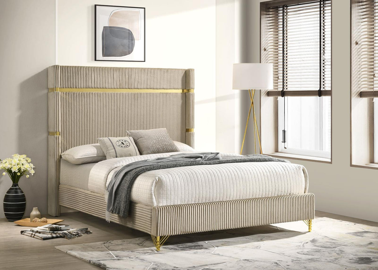 Lucia Beige Upholstered Queen Wingback Panel Bed by Coaster at Eve Furniture