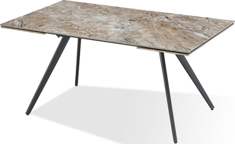 Lucia Rich Brown/Black Double Extension Stone Top Metal Leg Dining Table by Modus Furniture at Eve Furniture