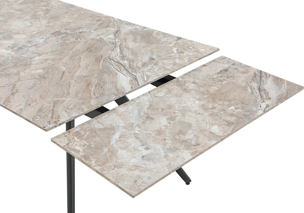 Lucia Rich Brown/Black Double Extension Stone Top Metal Leg Dining Table by Modus Furniture at Eve Furniture