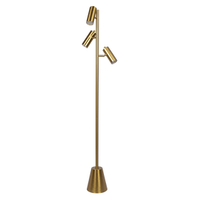 Lumina Brassed Gold Floor Lamp with Rotary Switch Triple Spots Metal Cone Base by Ashcroft Furniture at Eve Furniture