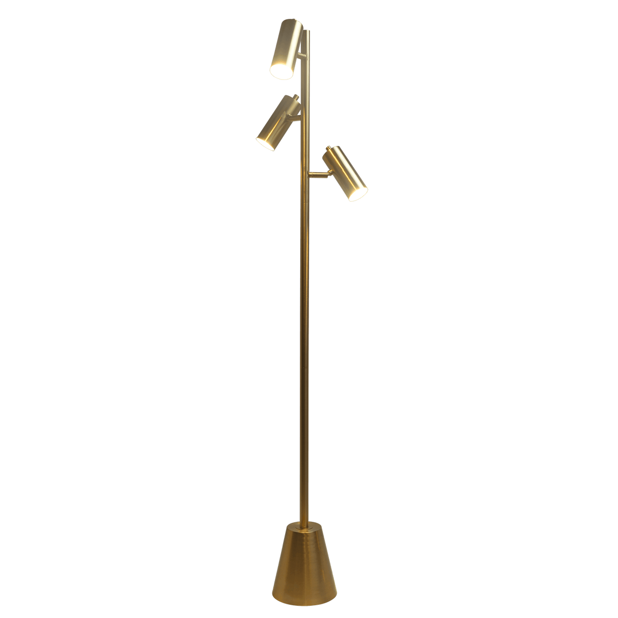 Lumina Brassed Gold Floor Lamp with Rotary Switch Triple Spots Metal Cone Base