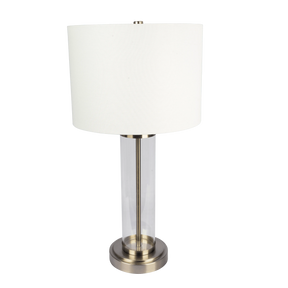 Luna Brushed Nickel Table Lamp with On/Off Switch Clear Glass Body Metal Base by Ashcroft Furniture at Eve Furniture