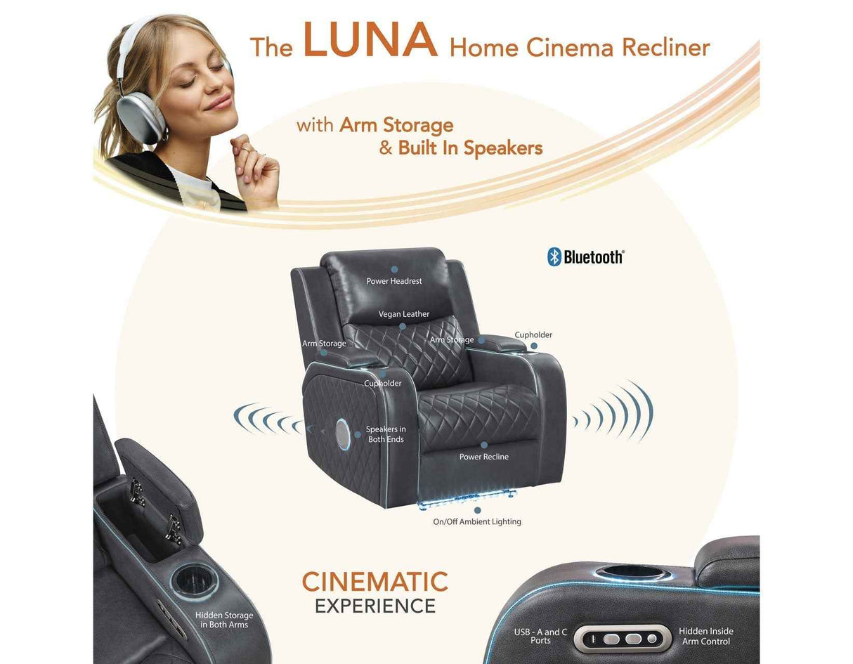 Luna Home Cinema Power Recliner, Charcoal Vegan Leather by Steve Silver at Eve Furniture