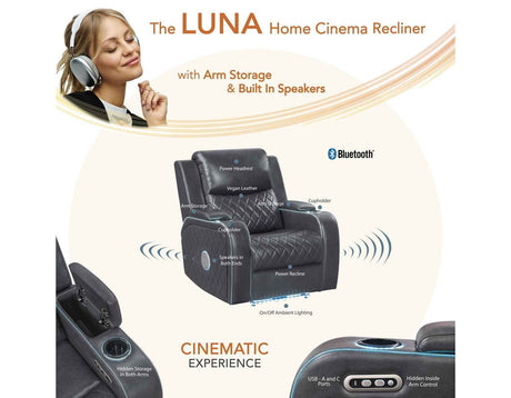 Luna Home Cinema Power Recliner, Charcoal Vegan Leather by Steve Silver at Eve Furniture