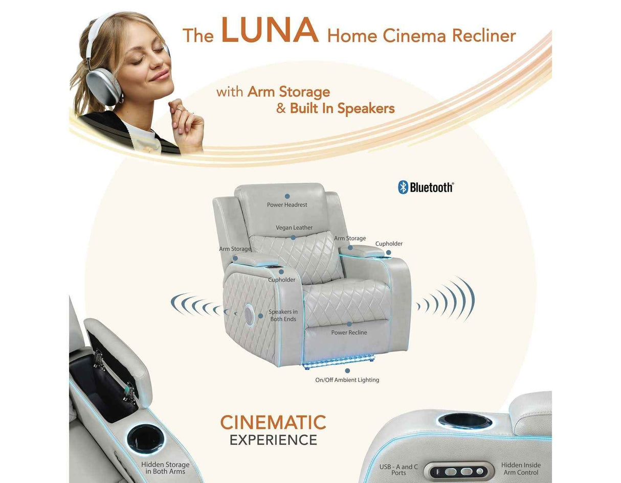 Luna Home Cinema Power Recliner, Ice Vegan Leather by Steve Silver at Eve Furniture