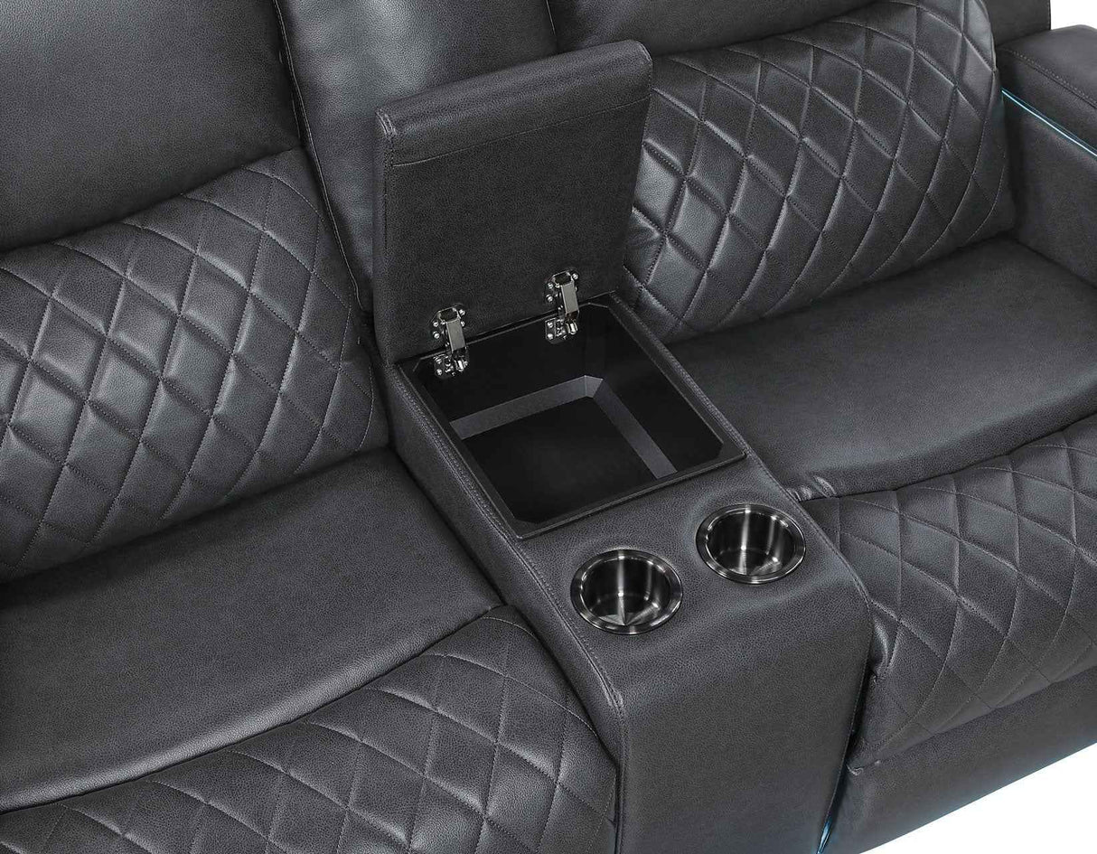 Luna Home Cinema Power Reclining Console Loveseat, Charcoal Vegan Leather by Steve Silver at Eve Furniture