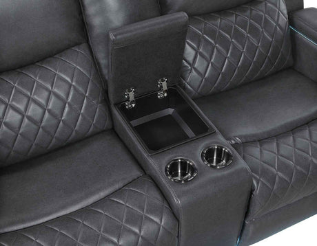 Luna Home Cinema Power Reclining Console Loveseat, Charcoal Vegan Leather by Steve Silver at Eve Furniture