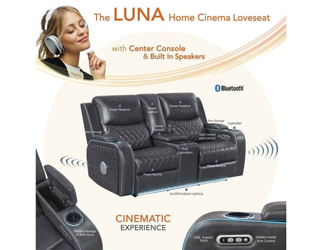 Luna Home Cinema Power Reclining Console Loveseat, Charcoal Vegan Leather by Steve Silver at Eve Furniture
