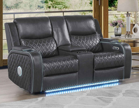 Luna Home Cinema Power Reclining Console Loveseat, Charcoal Vegan Leather by Steve Silver at Eve Furniture