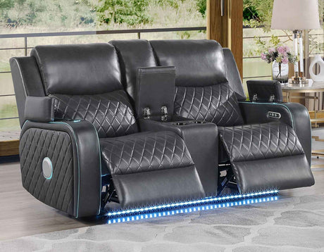 Luna Home Cinema Power Reclining Console Loveseat, Charcoal Vegan Leather by Steve Silver at Eve Furniture