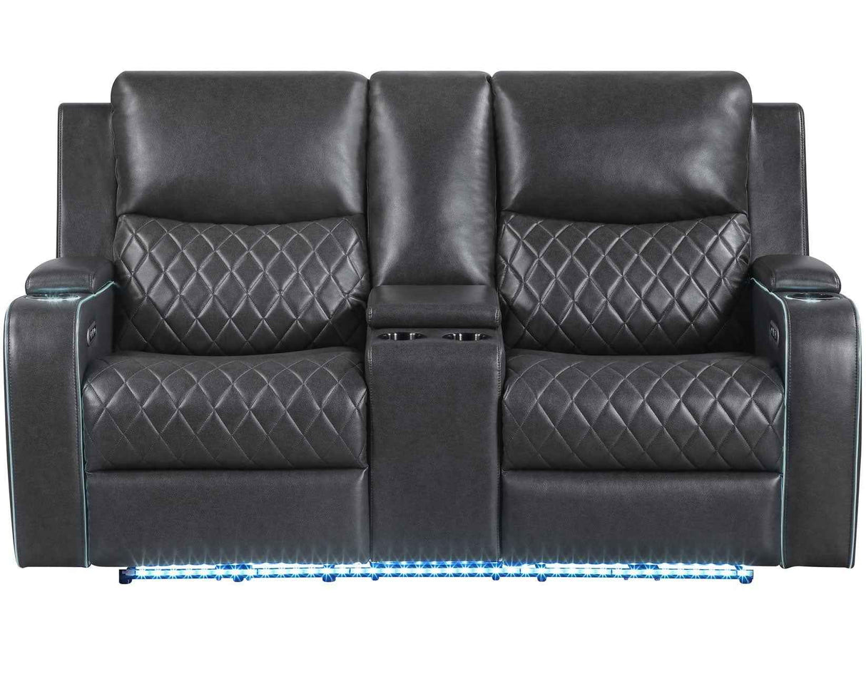 Luna Home Cinema Power Reclining Console Loveseat, Charcoal Vegan Leather by Steve Silver at Eve Furniture
