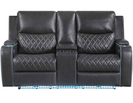 Luna Home Cinema Power Reclining Console Loveseat, Charcoal Vegan Leather by Steve Silver at Eve Furniture