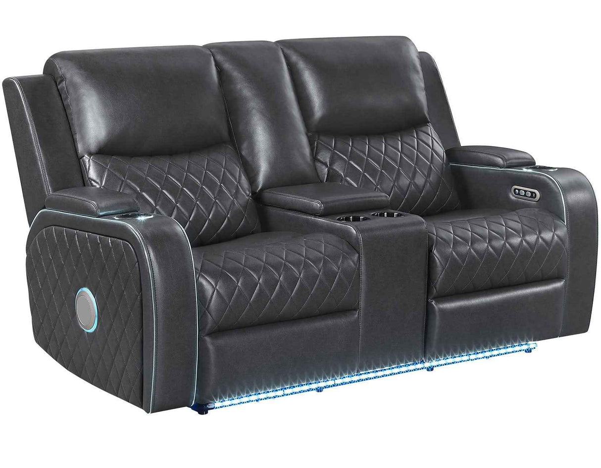 Luna Home Cinema Power Reclining Console Loveseat, Charcoal Vegan Leather by Steve Silver at Eve Furniture