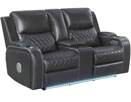 Luna Home Cinema Power Reclining Console Loveseat, Charcoal Vegan Leather by Steve Silver at Eve Furniture