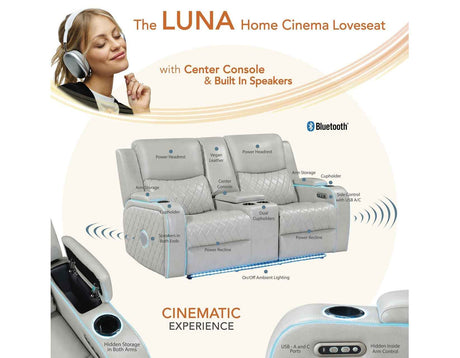 Luna Home Cinema Power Reclining Console Loveseat, Ice Vegan Leather by Steve Silver at Eve Furniture
