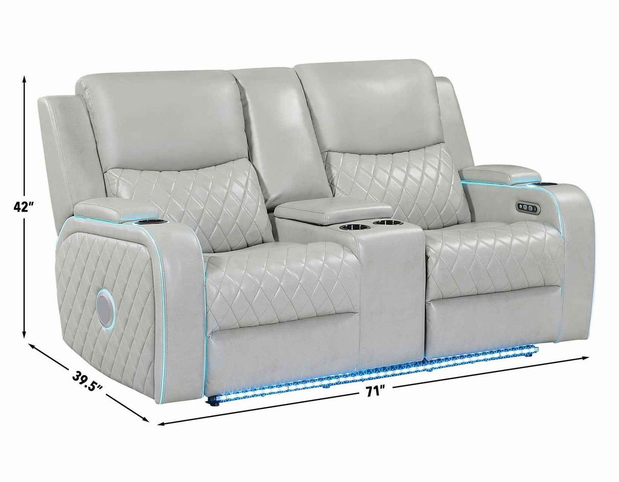 Luna Home Cinema Power Reclining Console Loveseat, Ice Vegan Leather by Steve Silver at Eve Furniture
