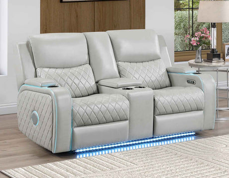 Luna Home Cinema Power Reclining Console Loveseat, Ice Vegan Leather by Steve Silver at Eve Furniture