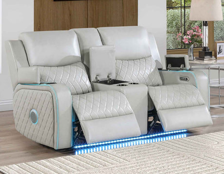 Luna Home Cinema Power Reclining Console Loveseat, Ice Vegan Leather by Steve Silver at Eve Furniture