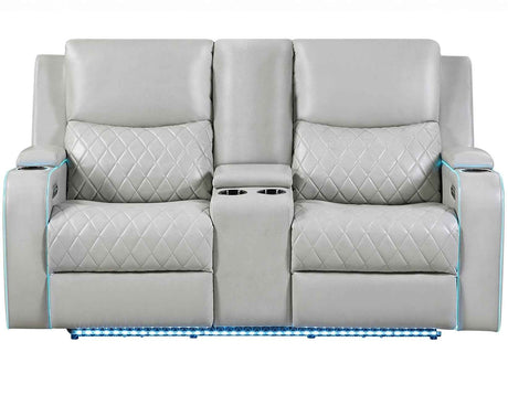 Luna Home Cinema Power Reclining Console Loveseat, Ice Vegan Leather by Steve Silver at Eve Furniture