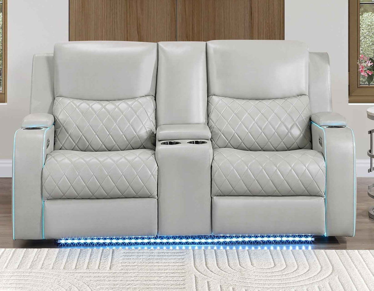 Luna Home Cinema Power Reclining Console Loveseat, Ice Vegan Leather by Steve Silver at Eve Furniture
