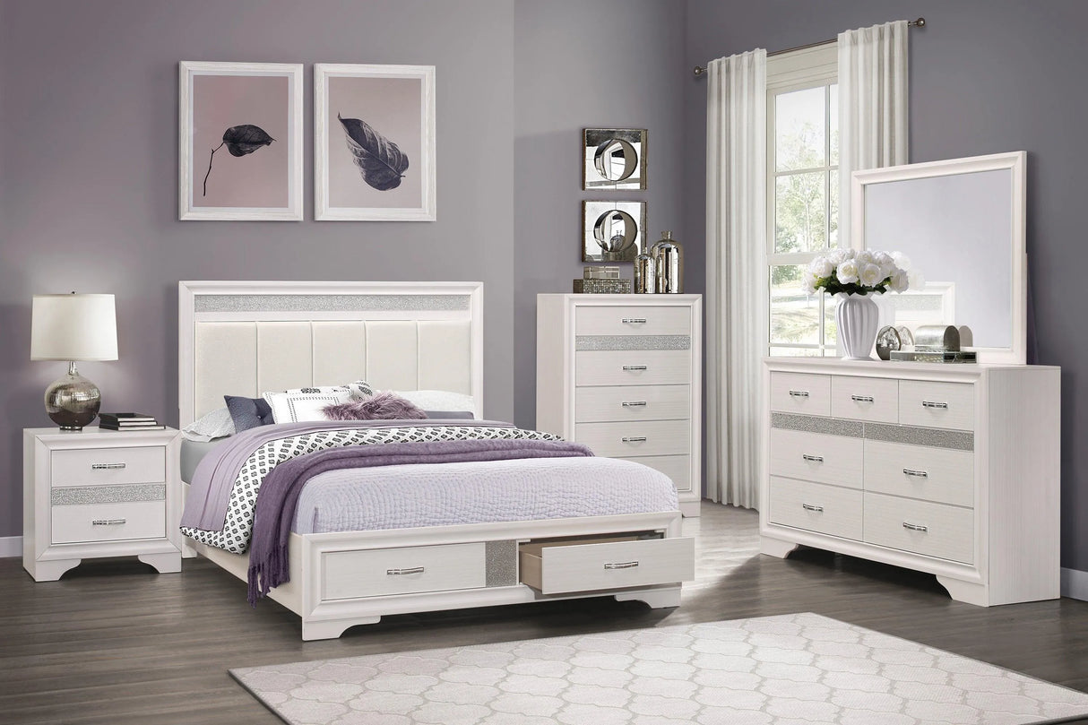 Luster White Upholstered Storage Platform Bedroom Set by Homelegance at Eve Furniture