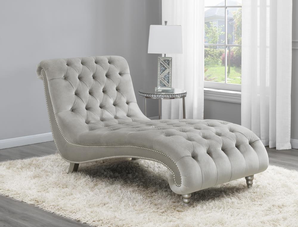 Lydia Gray Tufted Cushion Chaise with Nailhead Trim