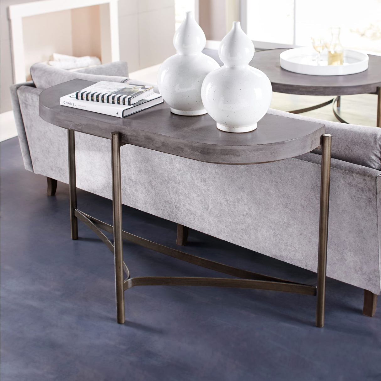 Lyon Semi-circular Natural Concrete and Metal Console Table by Modus Furniture at Eve Furniture