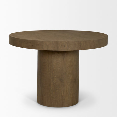 Lyonne Round Medium Brown Oak Wood Pedestal Dining Table by Mercana at Eve Furniture