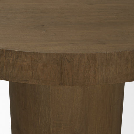 Lyonne Round Medium Brown Oak Wood Pedestal Dining Table by Mercana at Eve Furniture