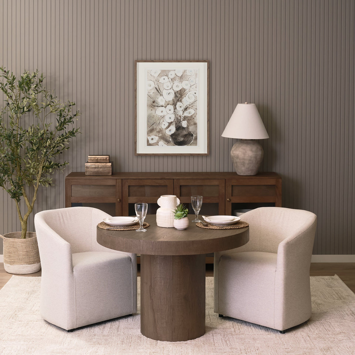 Lyonne 42" Round Medium Brown Oak Wood Pedestal Dining Table by Mercana at Eve Furniture