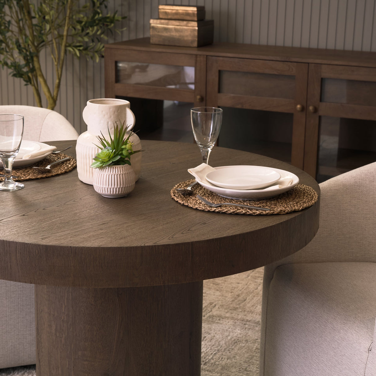 Lyonne 42" Round Medium Brown Oak Wood Pedestal Dining Table by Mercana at Eve Furniture