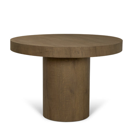 Lyonne Round Medium Brown Oak Wood Pedestal Dining Table by Mercana at Eve Furniture