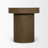 Lyonne Round Medium Brown Oak Wood Pedestal Side Tables by Mercana at Eve Furniture