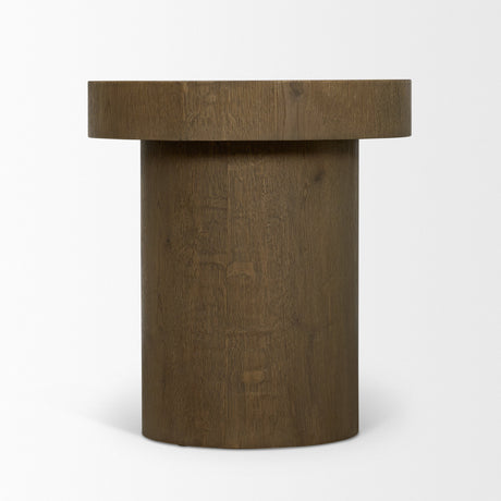 Lyonne Round Medium Brown Oak Wood Pedestal Side Tables by Mercana at Eve Furniture