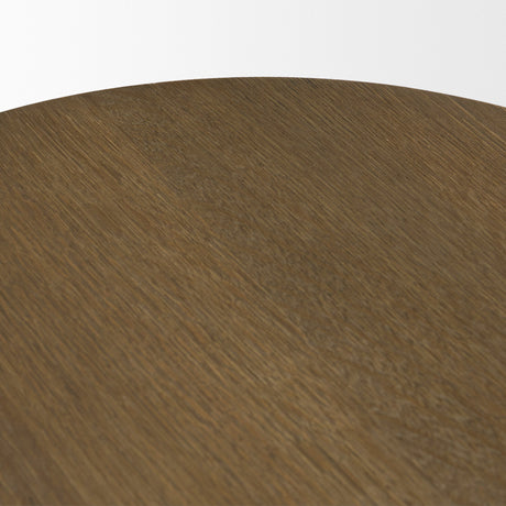 Lyonne Round Medium Brown Oak Wood Pedestal Side Tables by Mercana at Eve Furniture